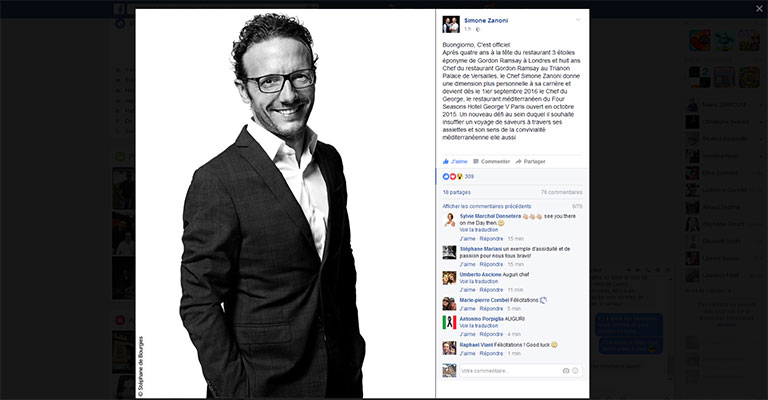 Simone Zanoni annonce sur son compte FaceBook son arrivée au Four Season Hotel George V