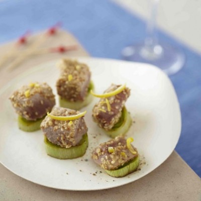 Bouchées de thon mi-cuit en marinade de cidre et sésame,