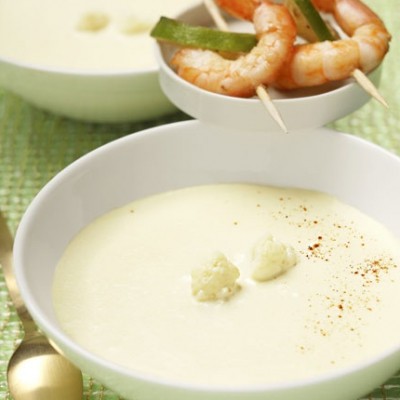 Grosses crevettes et citrons grillés, velouté de choux-fleurs à la cannelle